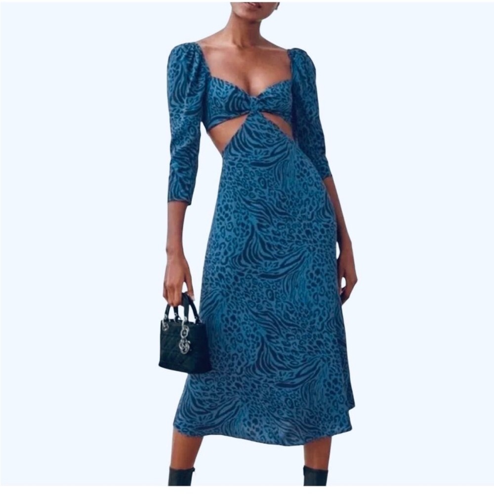 Reformation Blue Teal Print Midi Dress with Cutout